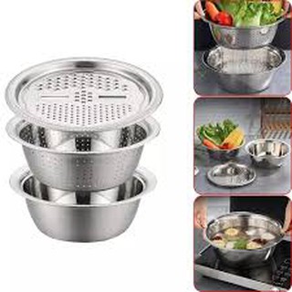 Bộ thau rổ bào rau củ inox không rỉ 3 món – dụng cụ thái cắt rau củ
