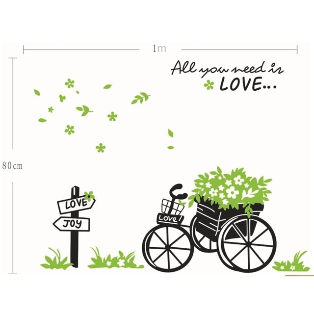 Decal trang trí mẫu xe đạp giỏ hoa xanh