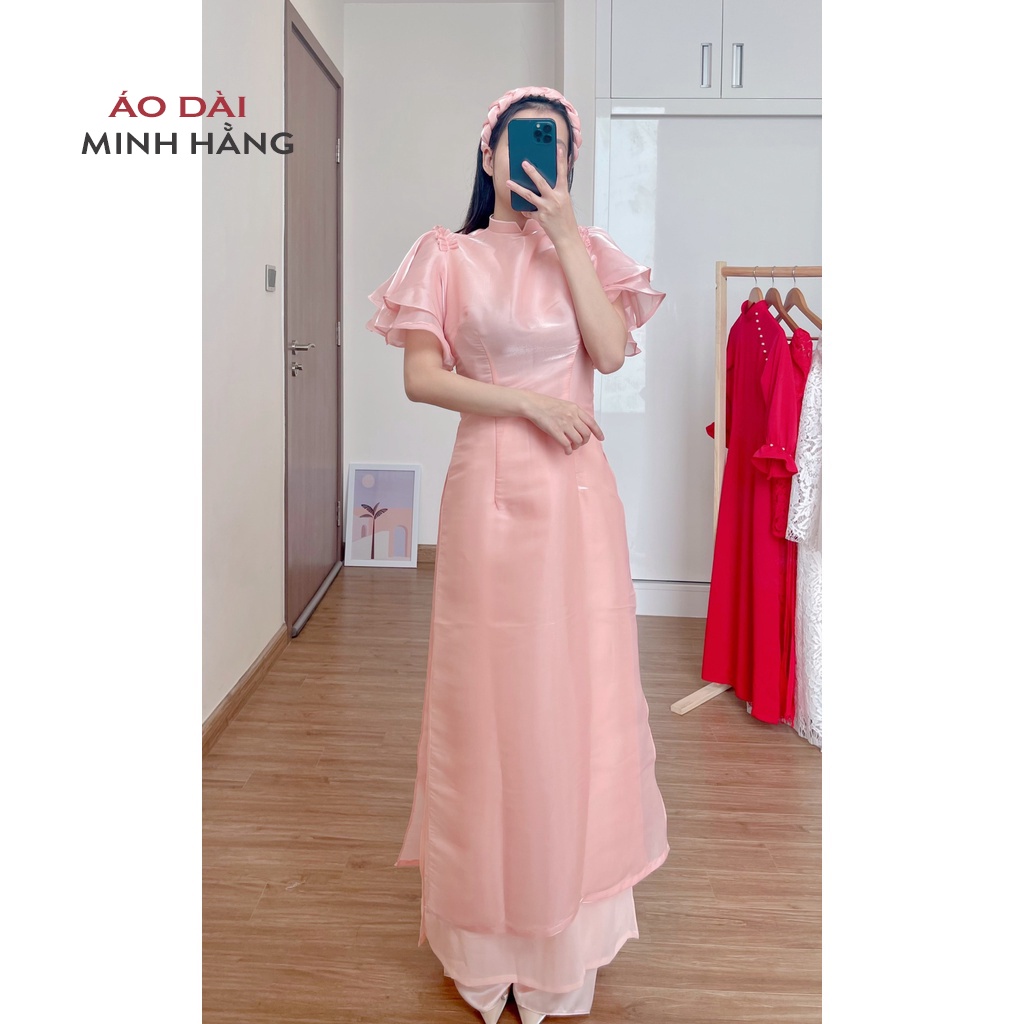 Áo Dài Cách Tân Nữ May Sẵn Thiết Kế 4 Tà Tay Bèo Màu Hồng Cách Điệu Nhẹ Nhàng, Áo Dài Minh Hằng- MH004