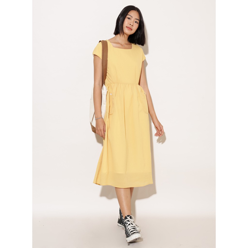 Đầm nữ dáng suông ngắn tay thời trang GAGO elastic waist double pocket dress màu vàng GG3250
