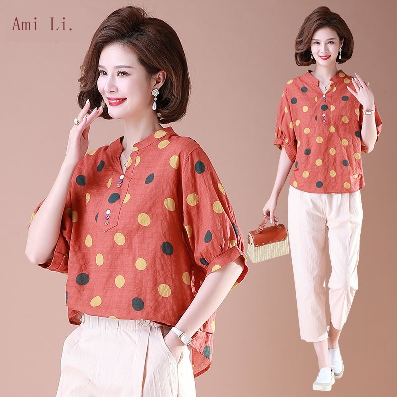 Set Áo Thun Ngắn Tay Chấm Bi + Quần Dài Vải Lanh cotton Thời Trang Mùa Hè Mới 2022 Cho Phụ Nữ Trung Niên