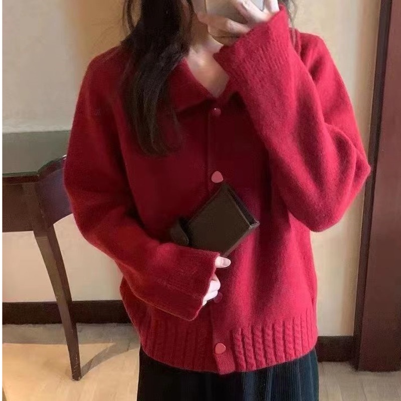 Áo Khoác cardigan Dệt Kim Tay Dài Cổ Búp Bê Màu Hồng Thời Trang Mùa Thu Mới Cho Nữ