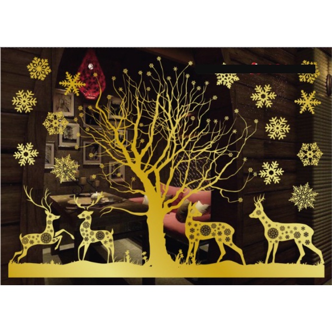 Decal Trang Trí Noel - Tuần lộc cùng cây ánh vàng đêm giáng sinh