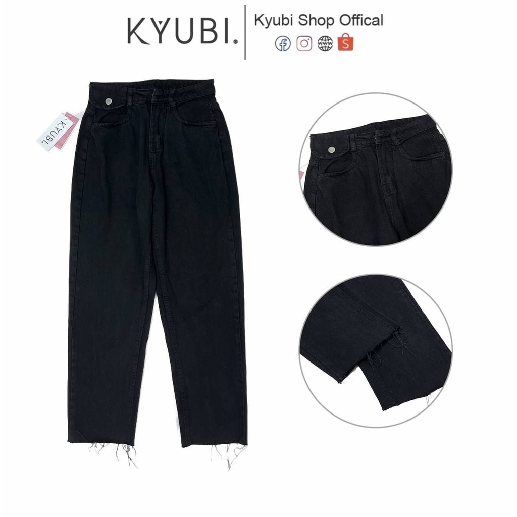 Quần jean baggy nữ Ullzzang Kyubi màu Đen chi tiết nắp đai lưng cắt lai [Nhiều Size] - Baggy Jean Kyubi BJR16D