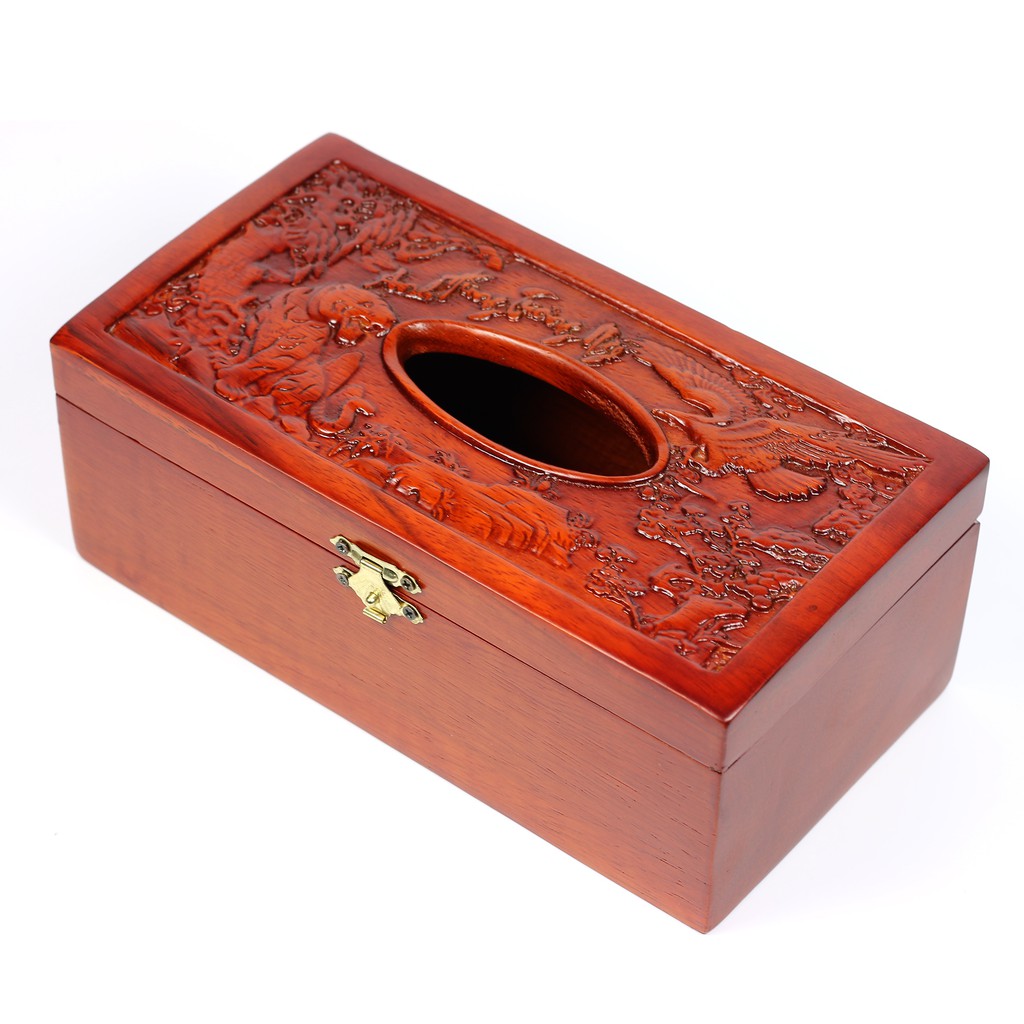 Hộp giấy ăn gỗ chạm khắc chim muông hổ báo sang trọng