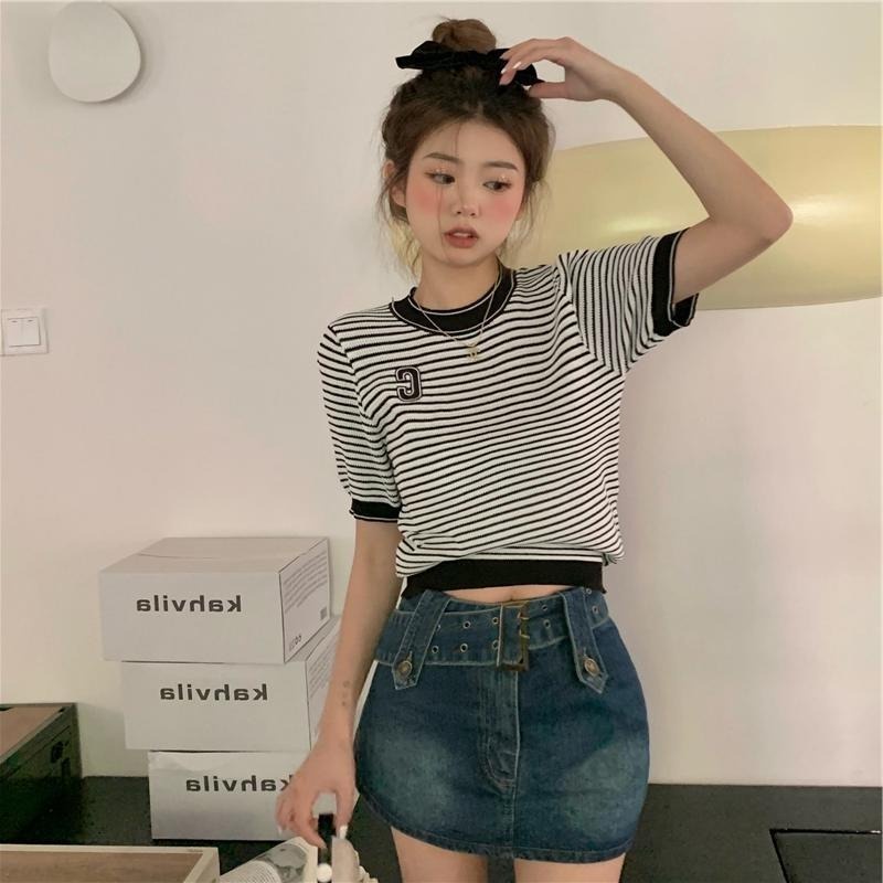 Áo Thun Dệt Kim Ngắn Tay Họa Tiết Kẻ Sọc Màu Sắc Tương Phản