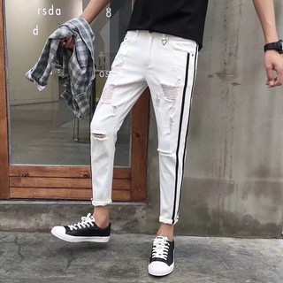 Baggy Jean trắng 2 line rách