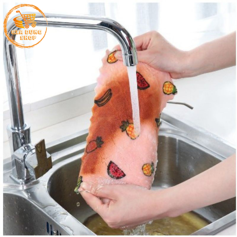 Khăn Lau 2 Mặt Họa Tiết Hoa Quả Hoạt Hình 25x25cm Siêu Thấm Hút Nước Vải San Hô