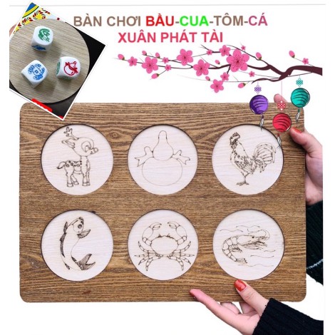 [FREE SHIP] Bàn chơi bầu cua tôm cá bằng gỗ , xúc xắc bằng đá- TẶNG BAO Lì Xì