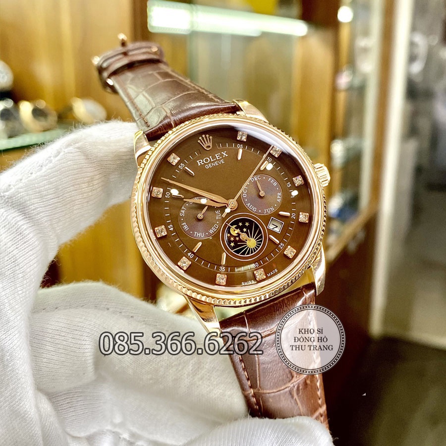 Đồng hồ nam Rolex cơ Automatic máy Nhật Mẫu 6 kim nâu cafe dây da size 40-41mm