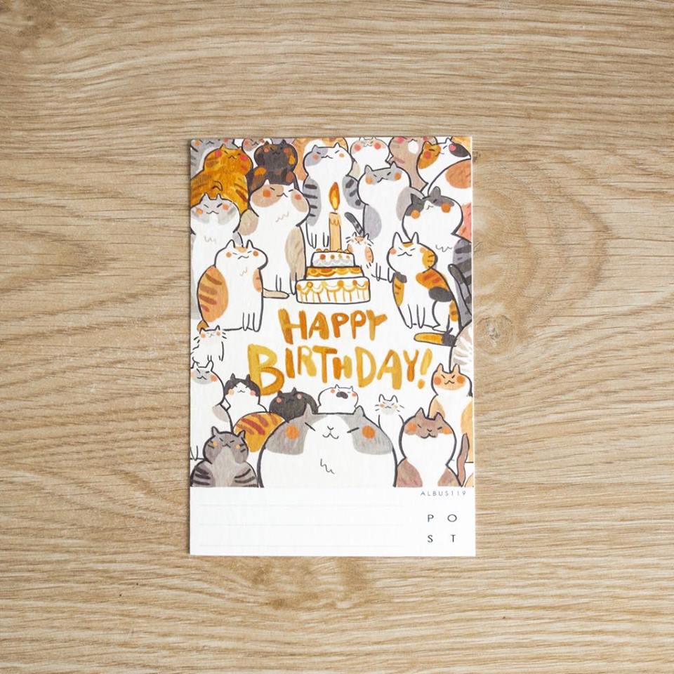 Postcard Happy Birthday Cat (Mèo) [HÀNG THIẾT KẾ] | Thiệp sinh nhật l bưu thiếp | thiệp l Zip A1