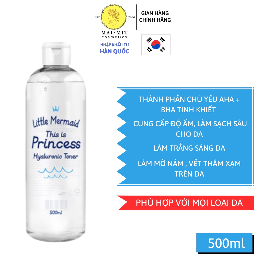 Nước hoa hồng Little Mermaid Princess Hyaluronic Toner 500ml giúp làm trắng da, mờ xạm thâm nhám, cân bằng ẩm