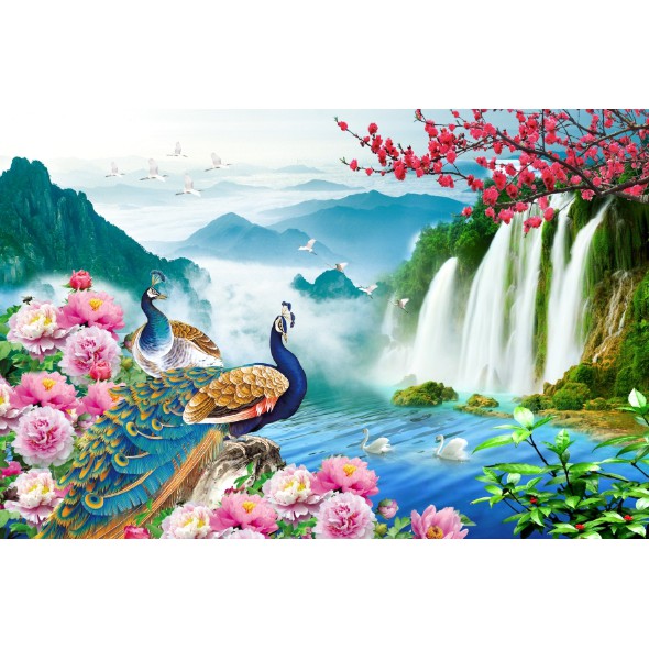 Tranh dán tường 3D chim công VẢI LỤA phủ kim sa (kích thước theo yêu cầu)