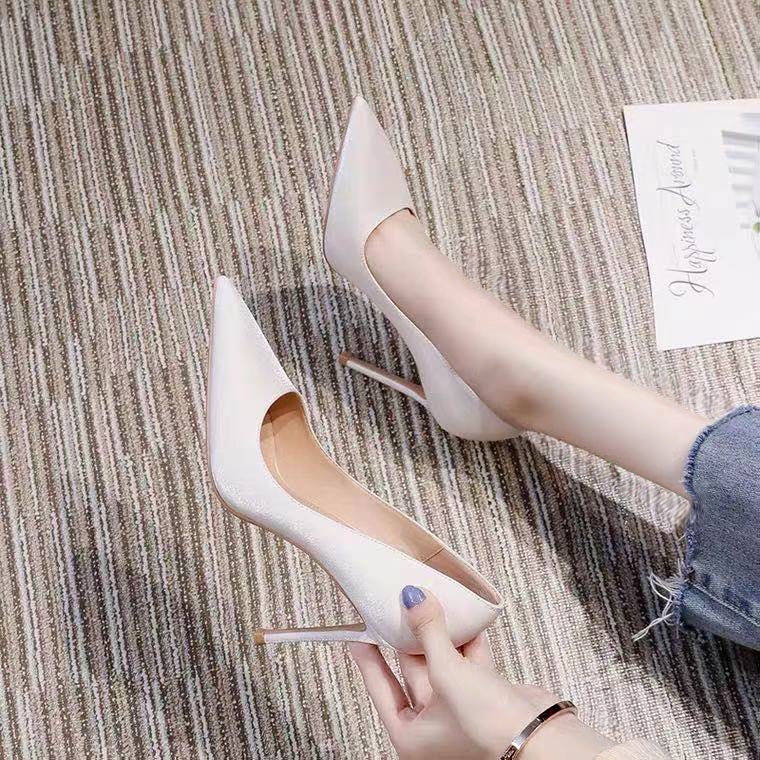 Giày Cao Gót 10cm Mũi Nhọn Miệng Nông Màu Đen Phong Cách Âu Mỹ Thời Trang Cho Nữ