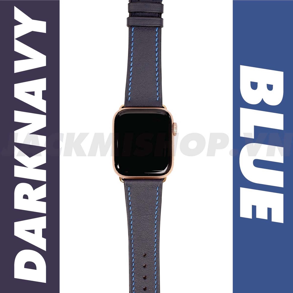 [DÂY DA THẬT] DÂY DA BÊ SWIFT MAY TAY THỦ CÔNG MÀU NAVY CHỈ XANH KHÓA PATEK CHO APPLE WATCH SERIES 1=&gt;6 (BẢO HÀNH 1 NĂM)