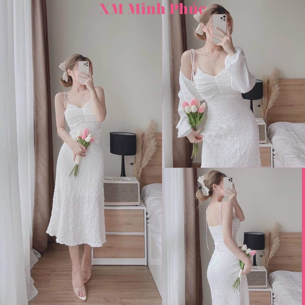 Set Váy Nữ,đầm 2 Dây Xôp Kèm Áo Khoác Thiết Kế Dáng Dài Midi Tiểu Thư Dự Tiệc Đi Biển Sang Chảnh Thời Trang [xm Minh