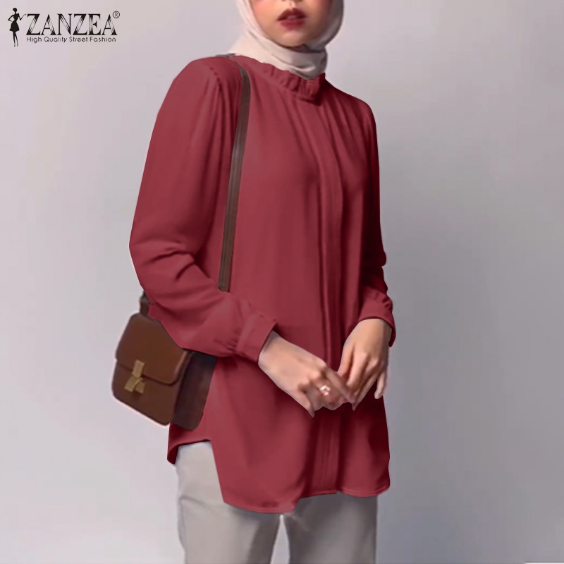Áo kiểu ZANZEA dáng rộng tay phồng màu trơn phong cách Hồi giáo retro thời trang cho nữ