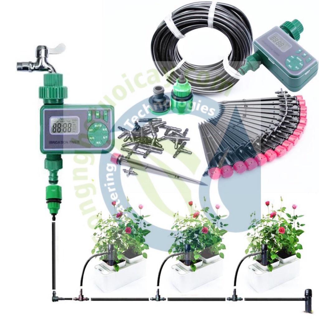 Bộ tưới cây tự động 20 đầu cắm phun 8 tia có thân cắm kèm van nước hẹn giờ dùng pin loại 1