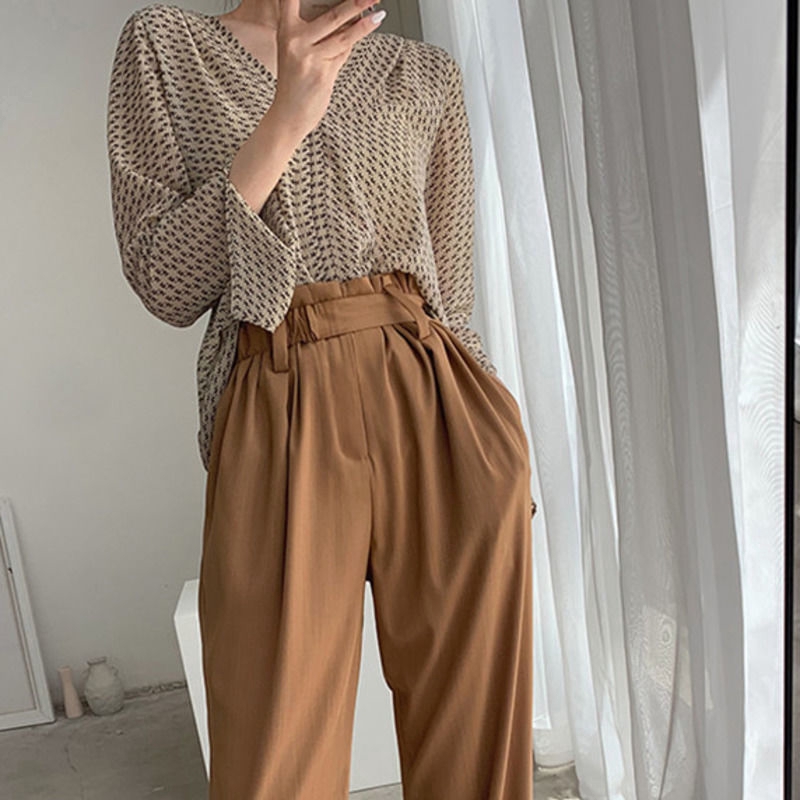 Áo Sơ Mi Chiffon Cổ V Tay Dài In Hoa Xinh Xắn Cho Nữ