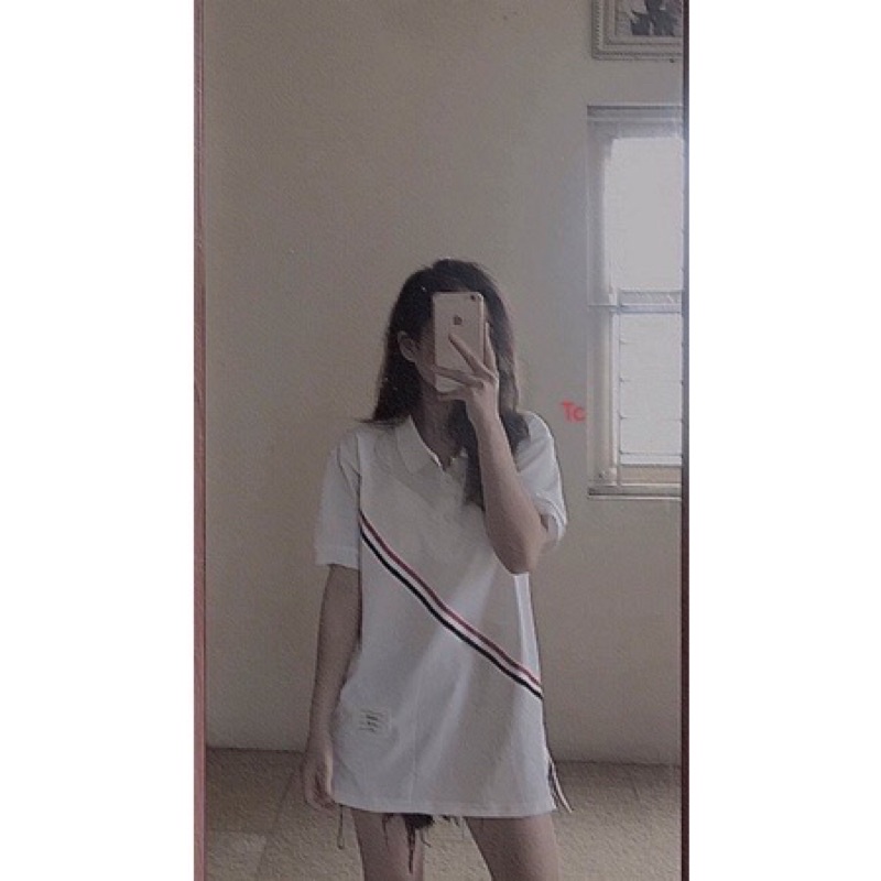 Áo thun nam nữ polo unisex tay lỡ form rộng phối viền sọc