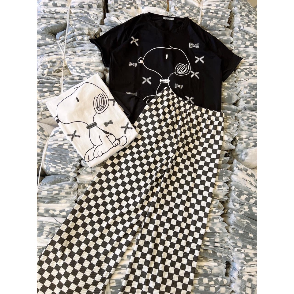 Set bộ áo thun in hình gấu chó + quần ống suông, set áo from rộng quần kẻ caro,bộ quần dài mặc đi chơi mặc nhà siêu xinh