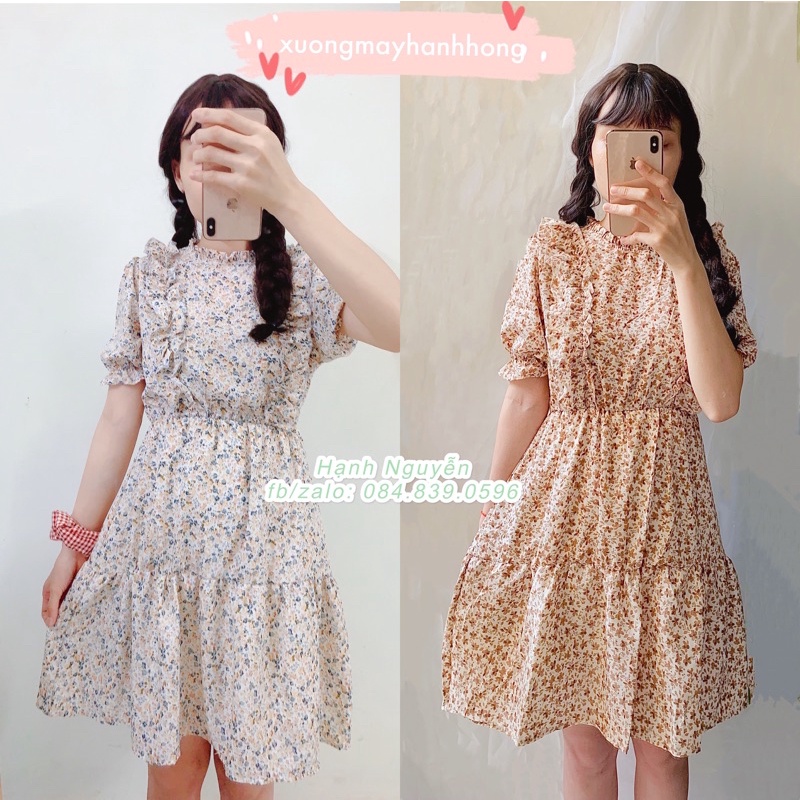 Váy hoa Ulzzang Quảng Châu viền bèo nâu cực xinh