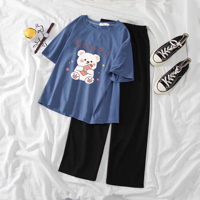 Sét Áo Gẫu chữ hàn + quần suông trơn, Áo thun from rộng, Chất đẹp không xù, quần suông ống rộng, Sét bộ mặc ở nhà - MODY