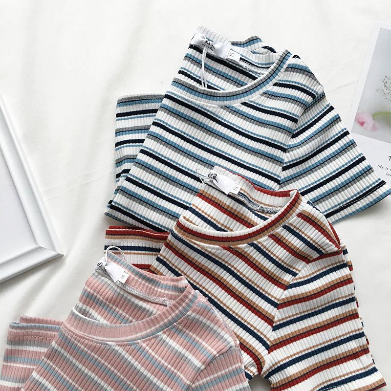 Áo Thun Tay Ngắn Họa Tiết Kẻ Sọc Phong Cách Mới Dành Cho Nữ