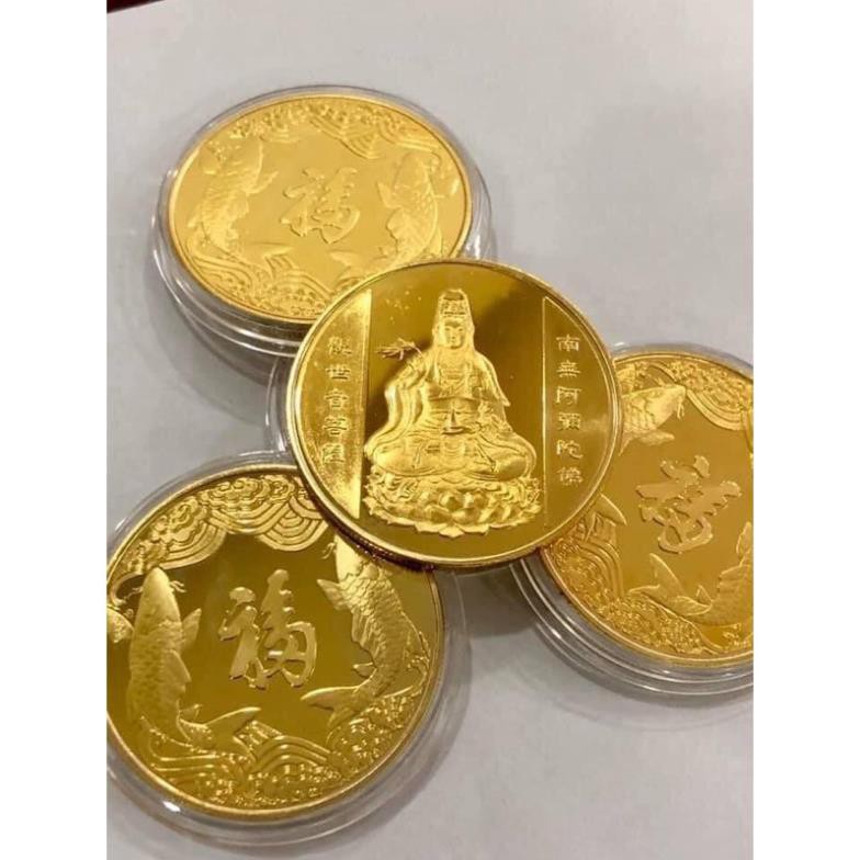 GIÁ SỐC - Đồng Xu Quan Âm Bồ Tát - Mặt Sau Đồng Xu Hình Cá Chép tặng kèm túigấm