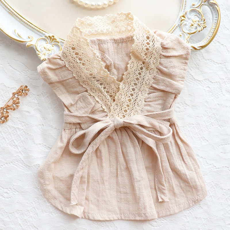 Váy đũi mùa hè CAMQUYTSTORE thiết kế phối ren thắt nơ cho thú cưng