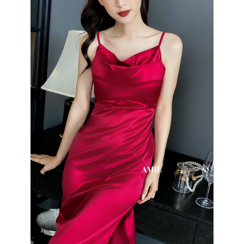 Đầm nữ AMIE thiết kế xếp ly dáng dài, váy xẻ tà cao cấp chất phi lụa sang chảnh D04