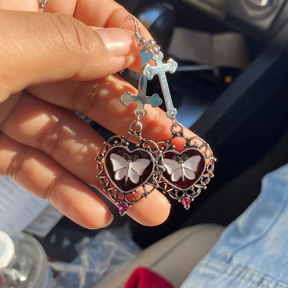 Bông tai hợp kim hình trái tim/ bươm bướm/ chữ thập phong cách gothic thời trang cho nữ