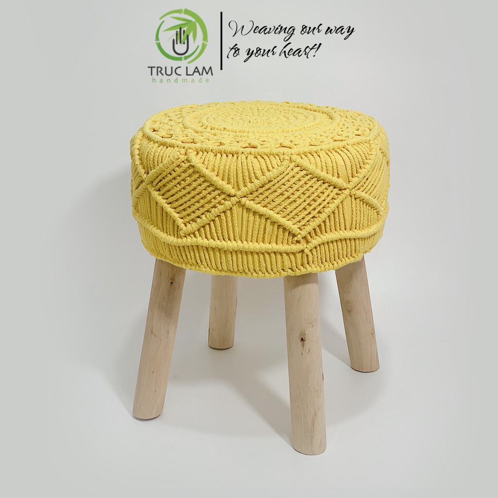 Ghế Đôn Chân Gỗ Dài Bọc Đan Len Móc Thủ Công – Trúc Lâm Handmade