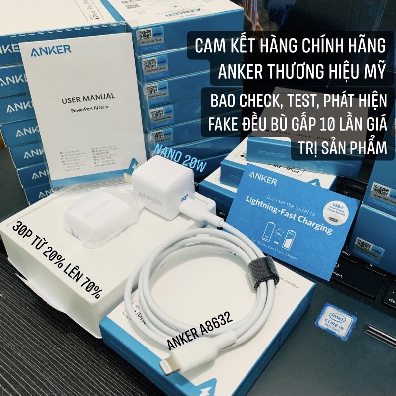 Bộ Sạc Anker Chính Hãng  A2633 PowerPort III Nano 20W+ Cáp Anker A8632 PowerLine