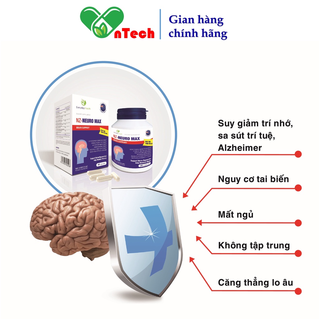 Viên uống bổ não Everyday Health NZ - NEURO MAX tăng cường tuần hoàn não cải thiện trí lực và thị lực hộp 60 viên