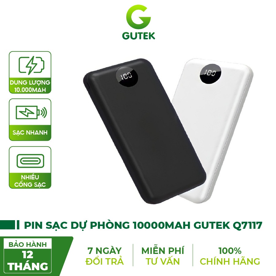 Pin Sạc dự phòng 10000mah 2 cổng usb sạc nhanh thông minh 2.1a – Gutek Q7117