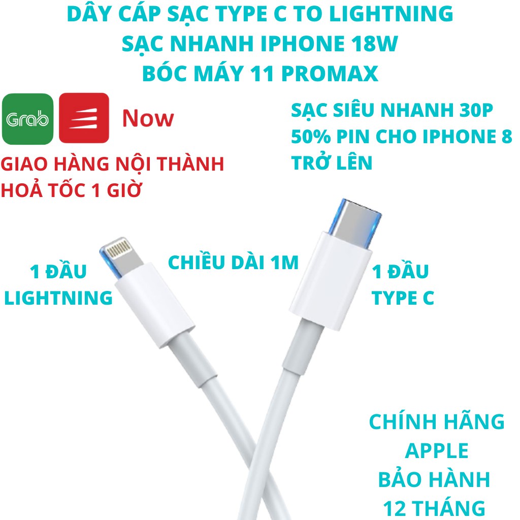 Dây cáp sạc nhanh IP18W 1m-Chính hãng cho IP8 plus X Xs Xr 11 12 Pro Max,máy tính bảng táo