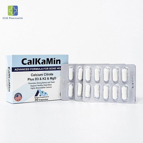 Calkamin - Bổ sung Canxi và vitamin K2, vitamin D3 cho cơ thể, hỗ trợ xương, răng chắc khoẻ - Hộp 30 viên