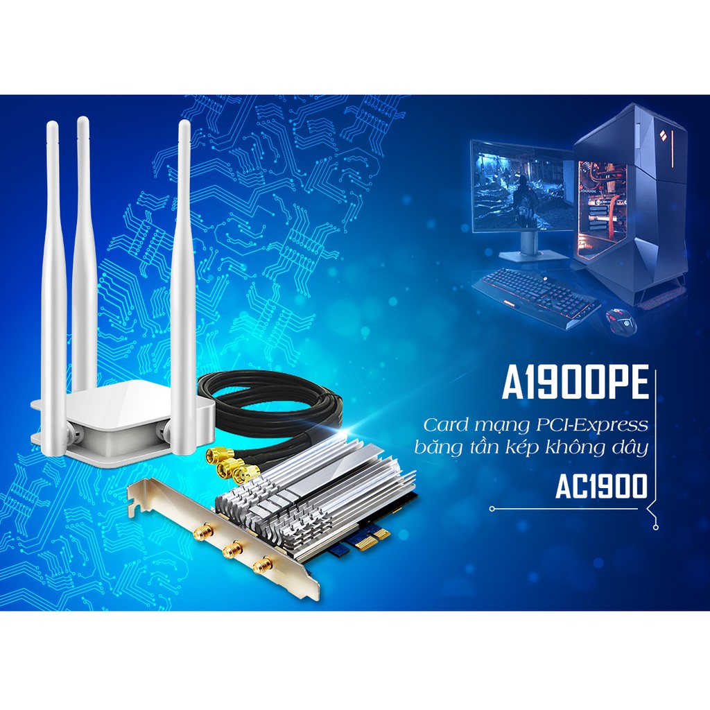 Card mạng Wi-Fi băng tần kép PCI-E AC1900 TOTOLINK A1900PE Dễ dàng cài đặt cho máy tính bàn Hàng chính hãng