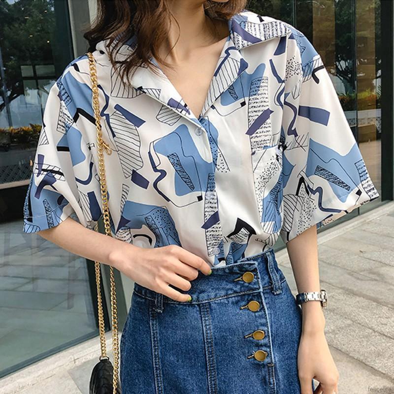 Áo kiểu tay ngắn chất Chiffon hoạ tiết in phong cách retro