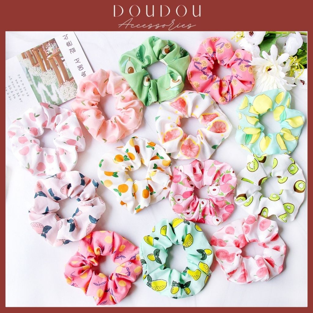 Dây buộc tóc Scrunchies DOUDOU Cột tóc vải cho bạn gái họa tiết hoa quả xinh xắn phong cách Hàn Quốc FQ002