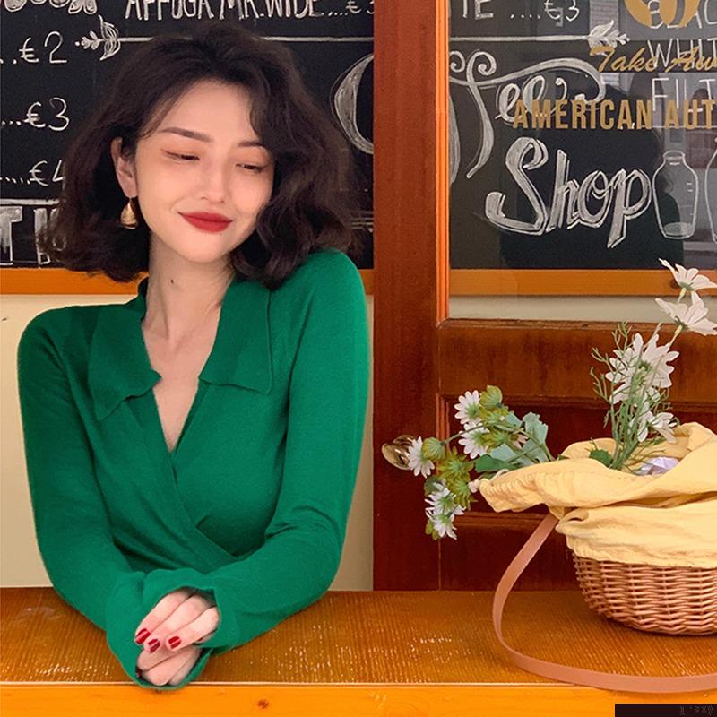 Áo croptop dệt kim màu trơn tay dài cổ chữ V thời trang Hàn Quốc cho nữ