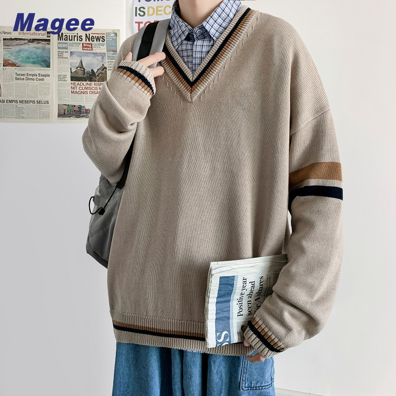 Áo sweater Dệt Kim Cổ Chữ v Phong Cách retro Hàn Quốc Đơn Giản Cho Nam Giới