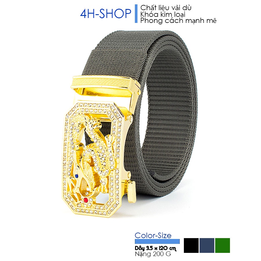 Thắt lưng nam vải dù , khóa kim loại mạ vàng hình rồng thần nhả châu chỉnh dây tự động 4 x 8 cm dây 3.5 x 120 cm.