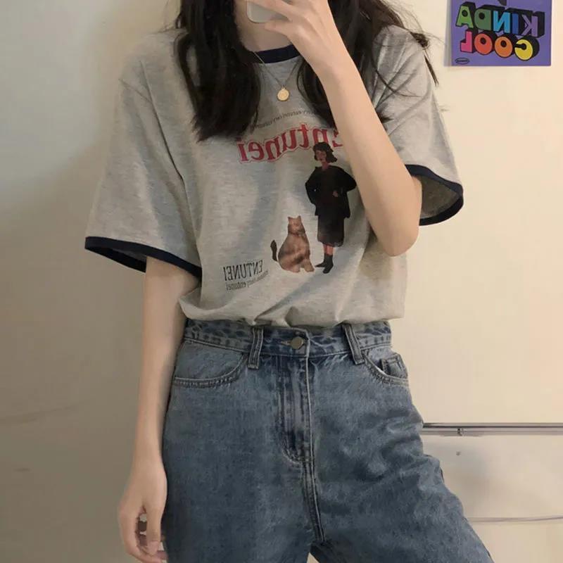 Áo Thun Tay Ngắn Màu Xám Phong Cách Retro Thời Trang Mùa Hè Mới