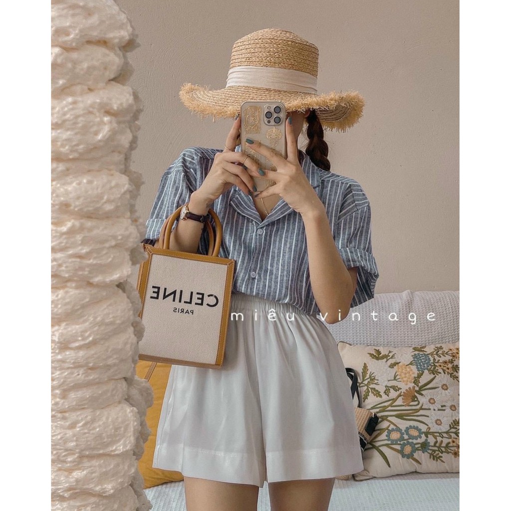 Set sơ mi đũi kẻ cổ vest mix quần đùi trắng xinh xắn🍊[FREESHIP]
