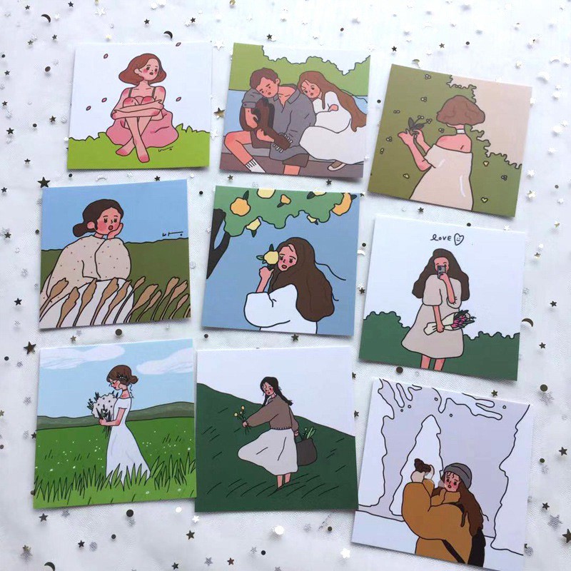 Set 9 tấm thẻ giấy treo tường trang trí hình cô gái dễ thương