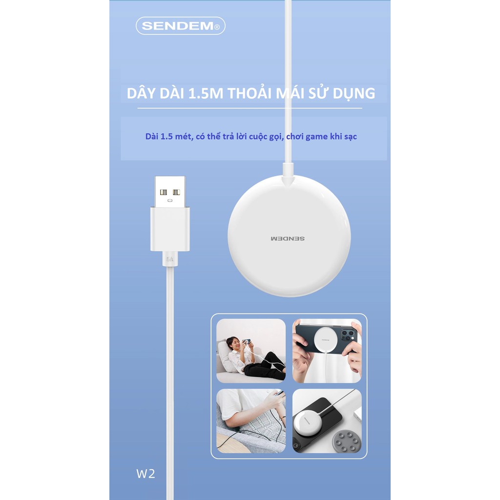 Đế sạc không dây SENDEM W2 hỗ trợ sạc nhanh QC3.0, Pd 15W thiết kế nam châm hút ổn định và chắc chắn