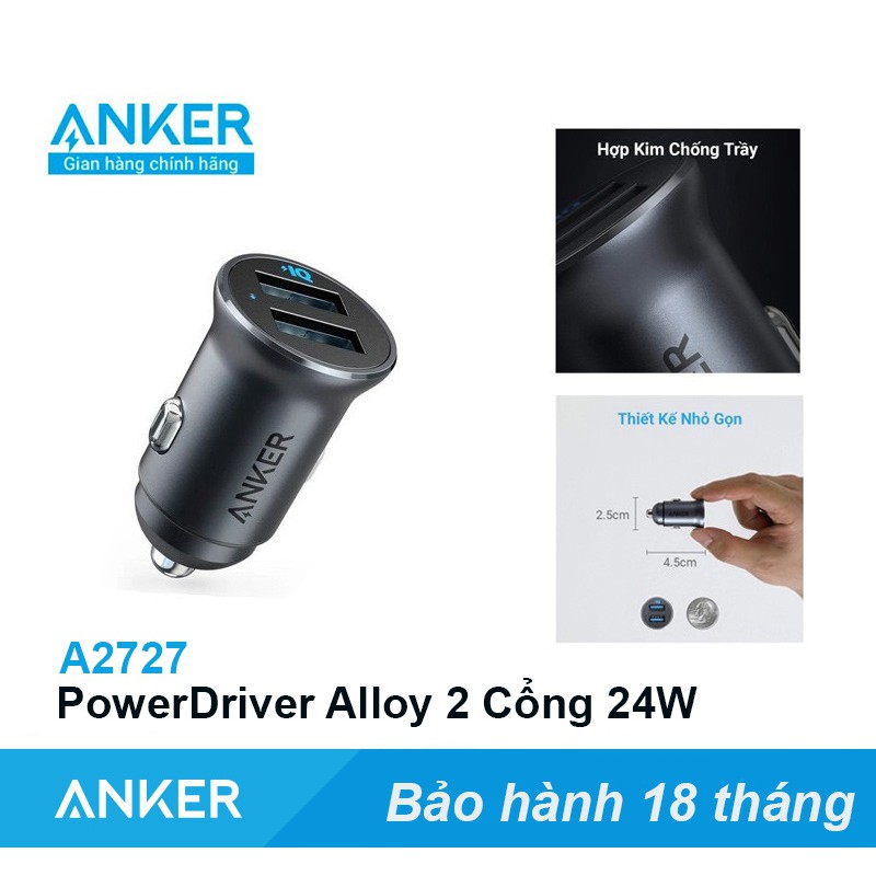 Tẩu Sạc Ô tô ANKER PowerDrive Alloy 2 Cổng 24W - Mã A2727