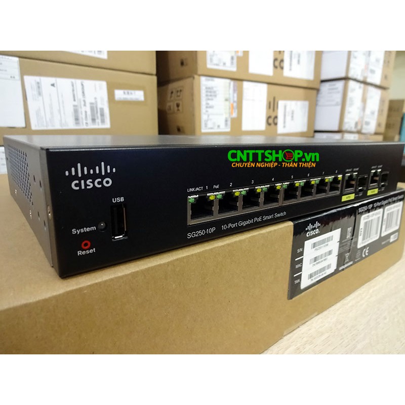 SG250-10P-K9-EU Bộ chia mạng Switch Cisco 8 cổng PoE+ 62W 2 RJ45/SFP 60W PoE Uplink